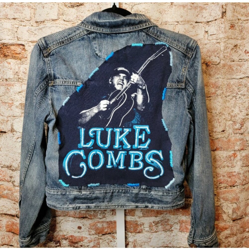 Upcycled Luke Combs Band Tee Denim Jean Jacket, size small